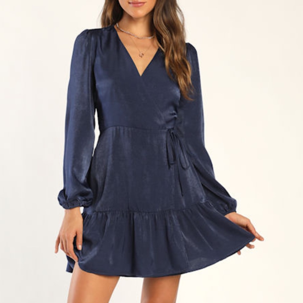New Lulus Navy Blue Satin Long Sleeve Wrap Dress - Size M